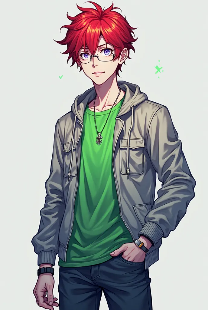 A young man, have bright red hair.,white skin hair,white skin, light purple eyes, wearing green shirt neon, an unzipped jacket, dark jeans, sneakers,purple socks, a small metal necklace around his neck, and a black watch on his left hand (anime,2D art)