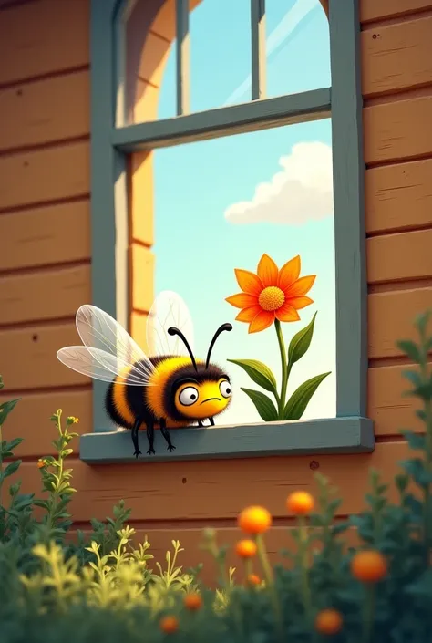 A tired cartoon bee that goes to the window of a house to sit in the house on a flower 