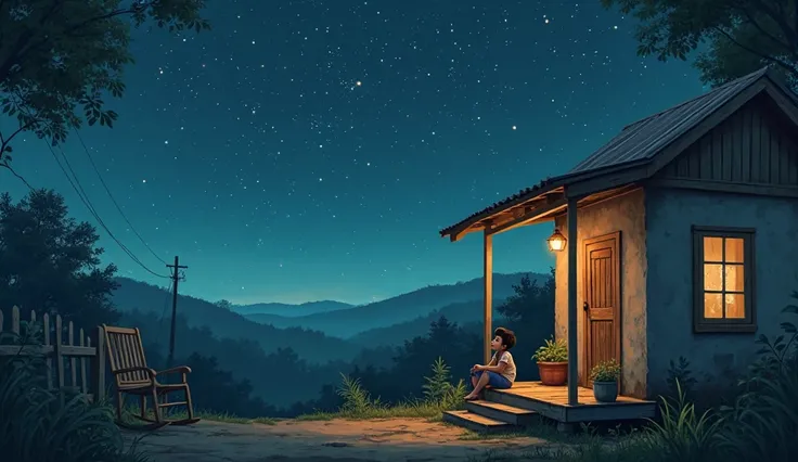 Visuals of a small, modest home in a quiet village. The camera pans to a young boy, Aarav, sitting on the porch, staring at the stars.