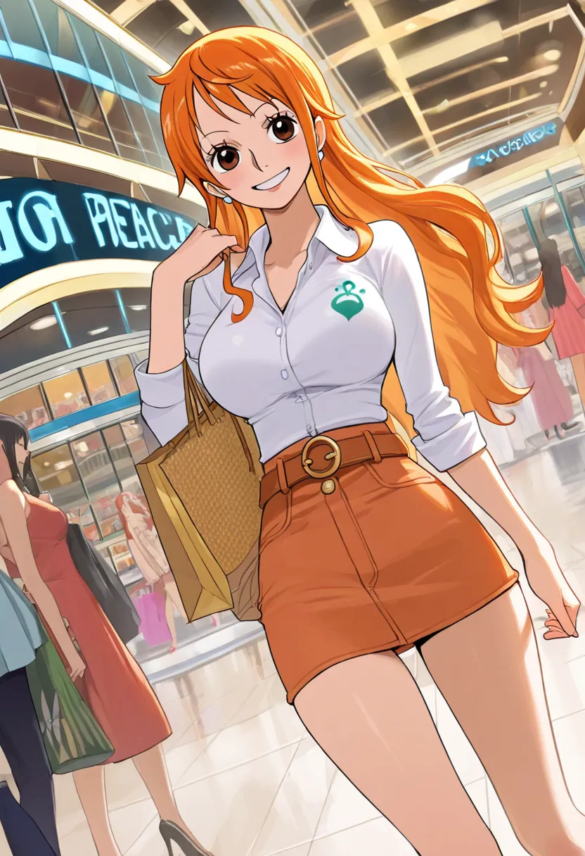 1girl,nami,one piece,mall,shopping,dutch angle,smiling,clevage,masterpiece,best quality