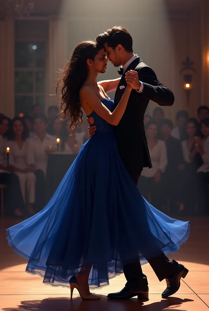 Can you make an image of us dancing? eu(Lourene )  I have brown skin ,  dark brown eyes , and dark hair,  I wanted it to look very real , o vestido de Lourene  é azul,  and the dance floor is half dark.