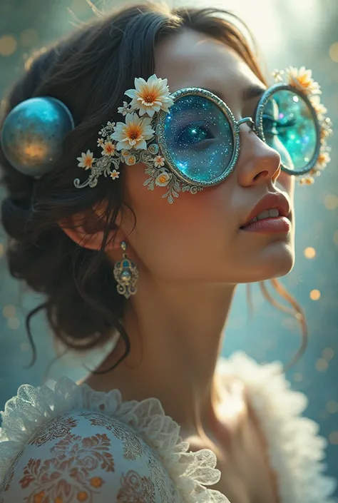 The model is wearingflower glass sunglasses with stars and the moon on the glassflower