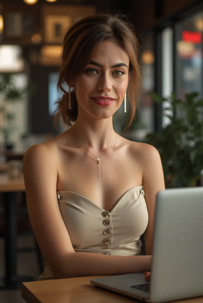  m466i35iff, Upper body professional photo. 1Female. Extremely cute. Wearing strapless button down tube top. Short skirt. Hair in Chignon style. In a coffeehouse at a table looking at her laptop. Highly detailed beautiful expressive eyes. Photorealistic, N...