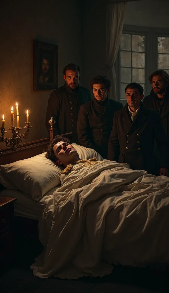 Napoleon lying in bed by dimly lit candlelight, peaceful expression but full of question marks, surrounded by several people with suspicious expressions.