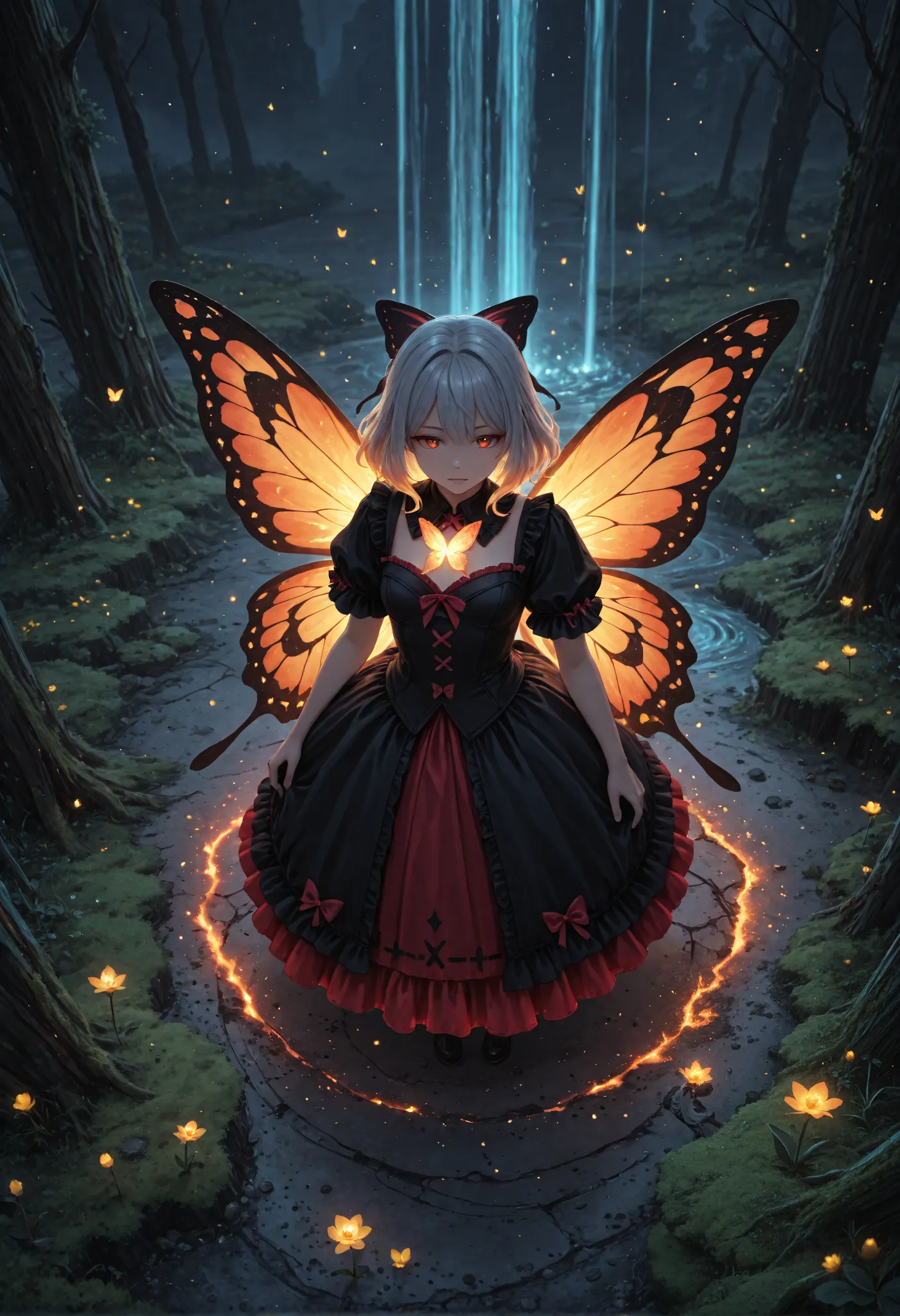 A mystical girl with silver hair and a gothic black dress standing in an ancient, overgrown ruin. She holds a glowing golden flower close to her chest, emitting a soft, warm light. Behind her, a luminous waterfall cascades down, illuminating the dark surro...