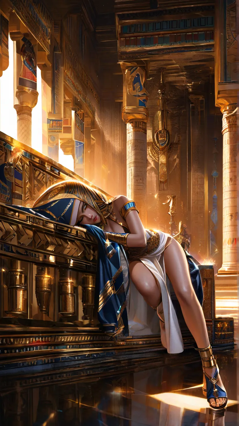 A majestic female pharaoh from Ancient Egypt lying on a golden bed adorned with fine fabrics, inside a luxurious palace with columns decorated in hieroglyphics.  The scene is illuminated by golden sunlight , revealing realistic details of the golden jewels...