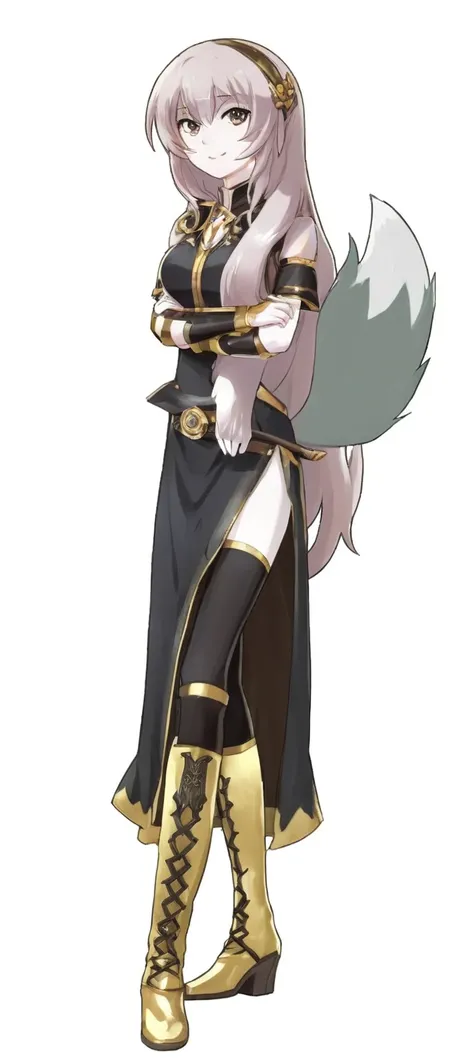 A woman wearing a black and gold costume and holding a sword,  wolf personification woman, Holo is a werewolf girl , Wolf girl, Holo,  RPG Portrait Full Body ,  Full Body Senxia ,  full body illustration, anime  full body illustration, Full Body Portrait U...