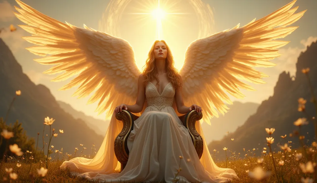 A female angel sitting on a golden throne with spread wings in the background, the sun rises behind a mountain!  