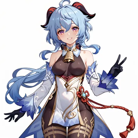 1girl, solo, ganyu, blue hair, goat horns, horns, long hair, purple eyes, sidelocks, medium breasts, narrow waist, wide hips, thick thighs, gloves, bare shoulders, detached sleeves, black gloves, bell, bodysuit, neck bell, black bodysuit, vision \(genshin ...