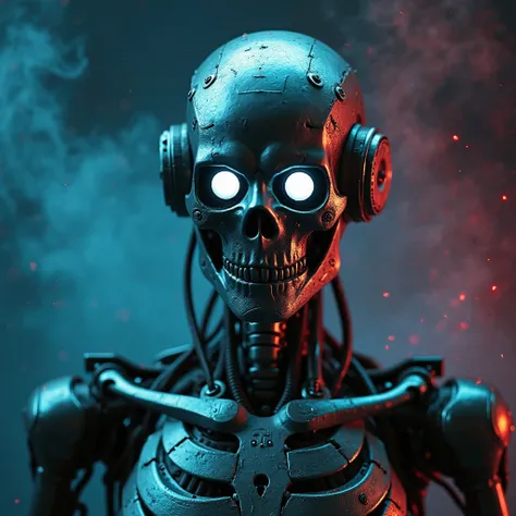 Realistic photography, professional photography, close up, front, chrome metal robot, some visible wires and mechanisms, robot similar to a human skeleton looking at the camera, eyes emit white LED light, blue and red smoke is seen in the background