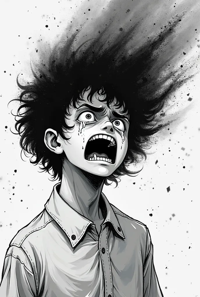 Generate for me an all black and white character who is crying white tears who is shocked by a force that can be seen on the side on an empty background in manga style