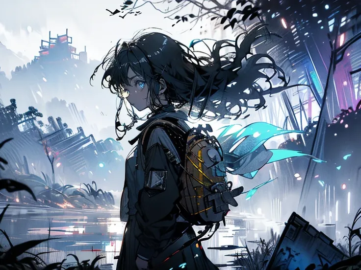  abandoned city , isolated area, Research girl, frightened gaze, finding a way in the mountains, backpack on the back , evening, 
HD, contract,4K, Ultra-high quality parts, dynamics,  movement, wind,  watercolor style