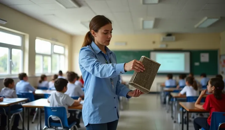 A school staff member checking an air filtration system inside a classroom. The filter is visibly dirty, emphasizing the role of proper ventilation and filtration in maintaining clean indoor air. Nearby, students are engaged in their studies, unaware of th...