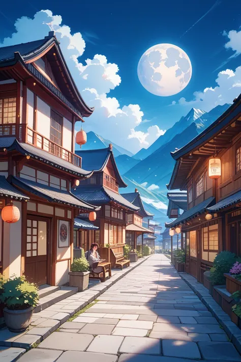 a night cityscape with traditional Japanese wooden buildings in the mountains。 with the full moon shining in the background 、Mt. Fuji towering in the center。A cobblestone road and、a beautiful scene with a quiet landscape。"