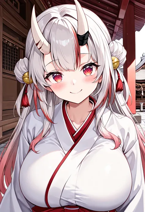 (Highest quality , 8k , masterpiece , incredibly absurdres , perfect body , super detailed skin , highly detailed eyes and face , 1 woman ) ,  nakiri ayame , Silver Hair , red eyes , demon horn , smile ,  will be happy , ( shrine maiden ,  White Yukata , r...