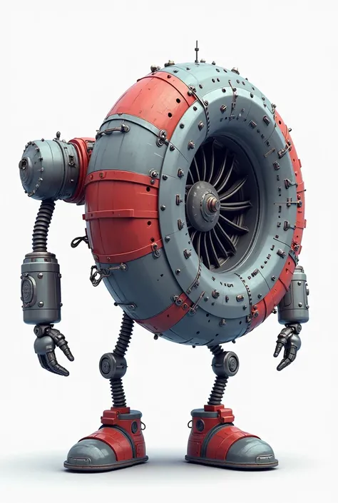 Create an image of a turbine engine that is large with an anthropomorphic appearance.  The motor must have a sturdy metal structure ,  with visible cable entries .  Add a face with a soft and friendly animation that has a subtle smile, the face must be of ...