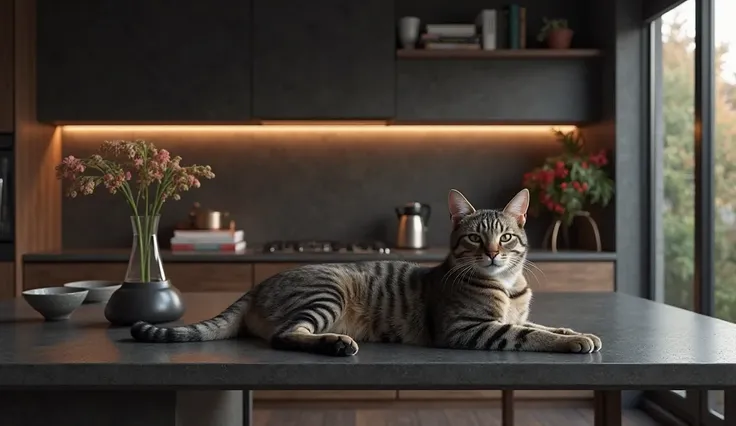 modern stylish kitchen interior in dark colors with a cat on the table, Professional Shooting