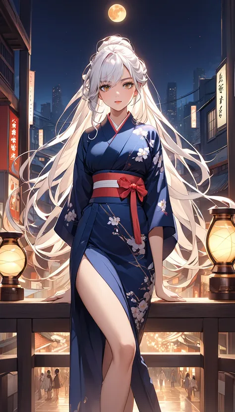 This is an illustration of an anime girl with a perfect hourglass figure, white hair and tanned Japanese skin in a new and vivid pose. She is wearing a kimono with graceful curves that reflect the golden ratio, adorned with a contemporary design that signi...