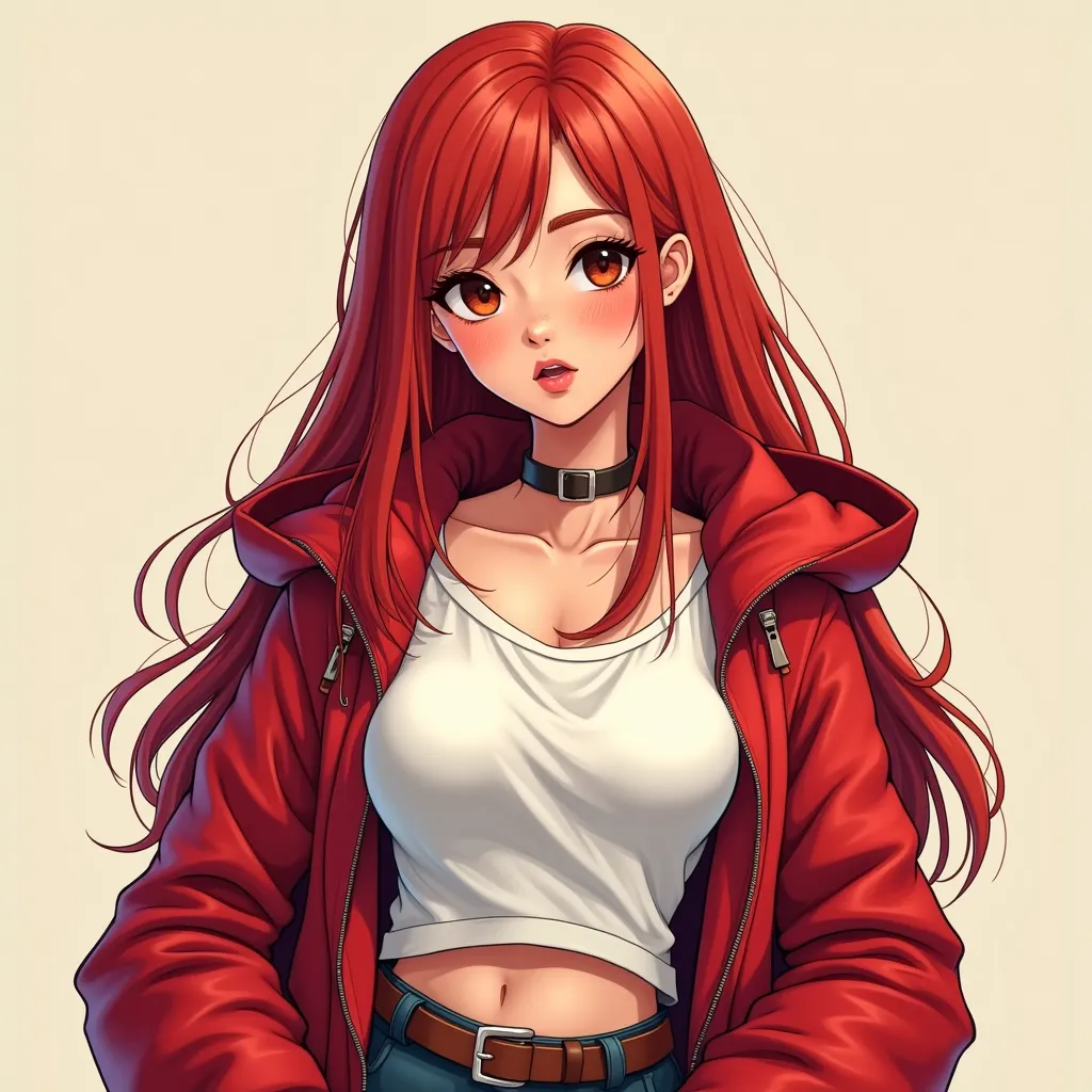  A  ager, innocent,  Female,  young, big and strong, inviting, Americana,  with Latin features , a lot of energy , dark reddish eyes, a white blouse with a red jacket on top with a hood on the back, wears straight hair, long and red, Pouch .  comic-style v...