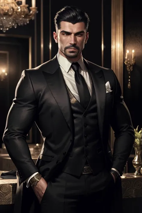 realistic (muscular man:1.1) mob boss, wearing intricate black elegant suite, portrait, short hair, jewelry, in a nightclub, spot lighting the scene, detailed background, intricate details, (illustration), masterpiece, high resolution, best quality.