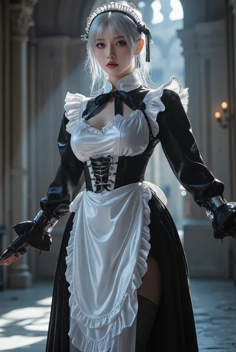 Young Cyborg Beauty ,( black and white gothic maid outfit, long skirt with low skin exposure, corsets , black tights, Black Boots ),( Silver Hair, Shoulder-length hair in images , purple eyes, half-closed eyes , unusual suspicious feelings:1.3,Black...