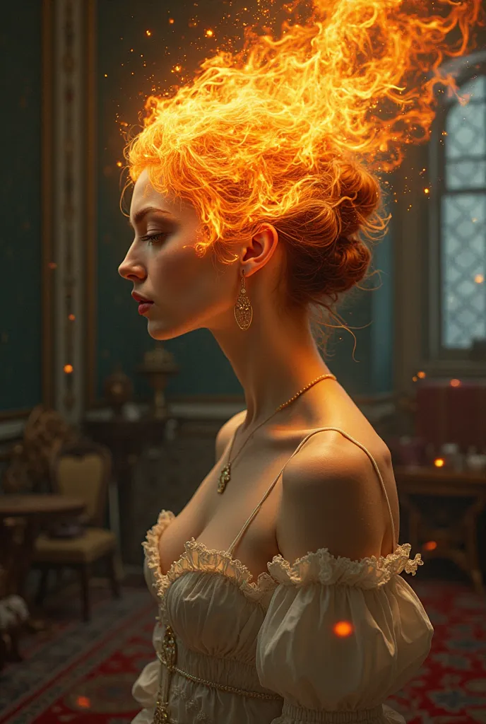 The picture should be a girl, . The head should consist entirely of flame(as in this picture), the background can be similar to, old money - стиль одежды.