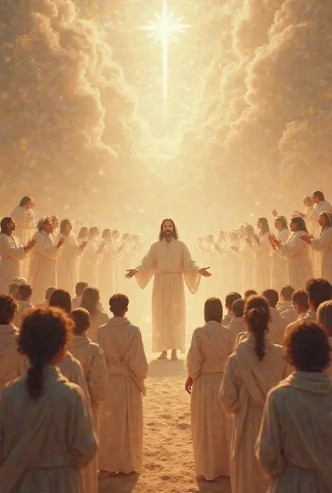 Images of people in white robes of all ages worshiping Jesus together with angels in paradise 