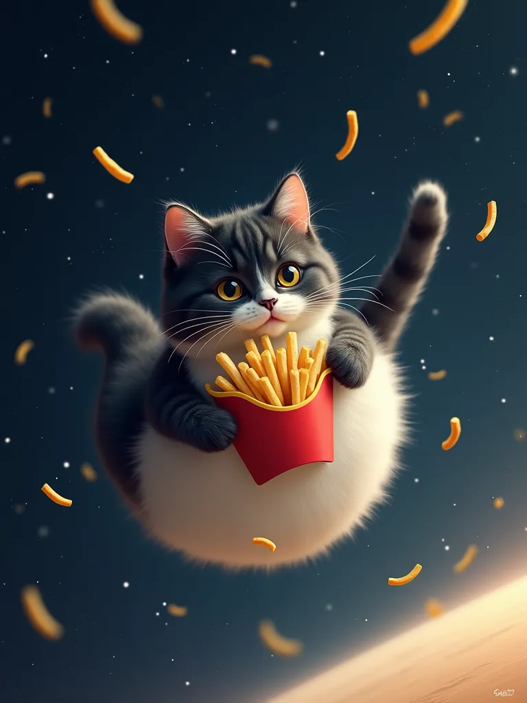 Cat in space eating french fries，The appearance of cats does not change