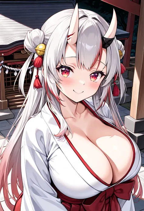 (Highest quality , 8k , masterpiece , incredibly absurdres , perfect body , super detailed skin , highly detailed eyes and face , 1 woman ) ,  nakiri ayame , Silver Hair , red eyes , demon horn , smile ,  will be happy , ( shrine maiden ,  White Yukata , r...