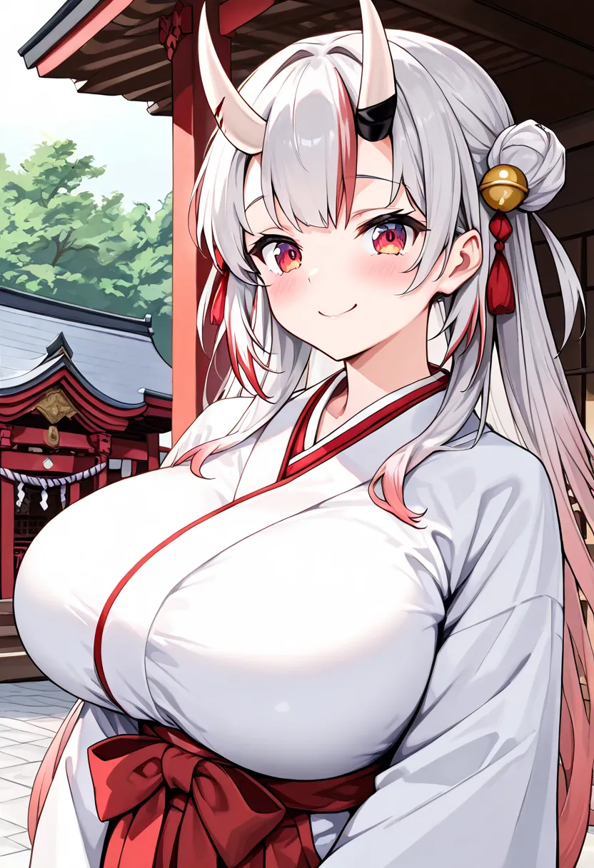 (Highest quality , 8k , masterpiece , incredibly absurdres , perfect body , super detailed skin , highly detailed eyes and face , 1 woman ) ,  nakiri ayame , Silver Hair , red eyes , demon horn , smile ,  will be happy , ( shrine maiden ,  White Yukata , r...