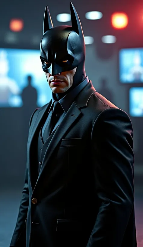 Batman wearing a black suit and posing as a TV presenter