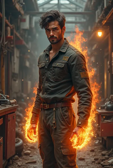 Italian man in his 20s, wearing his work clothes as a mechanic. But he is a parcor master and has pyromacy abilities 

His outfit should bear this in mind