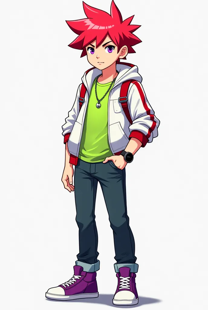 A young man, have bright red hair.,white skin hair,white skin, light purple eyes, wearing neon green shirt , an unzipped white red zipper and strap jacket, dark jeans, sneakers,purple socks, a small metal necklace around his neck, and a black watch on his ...