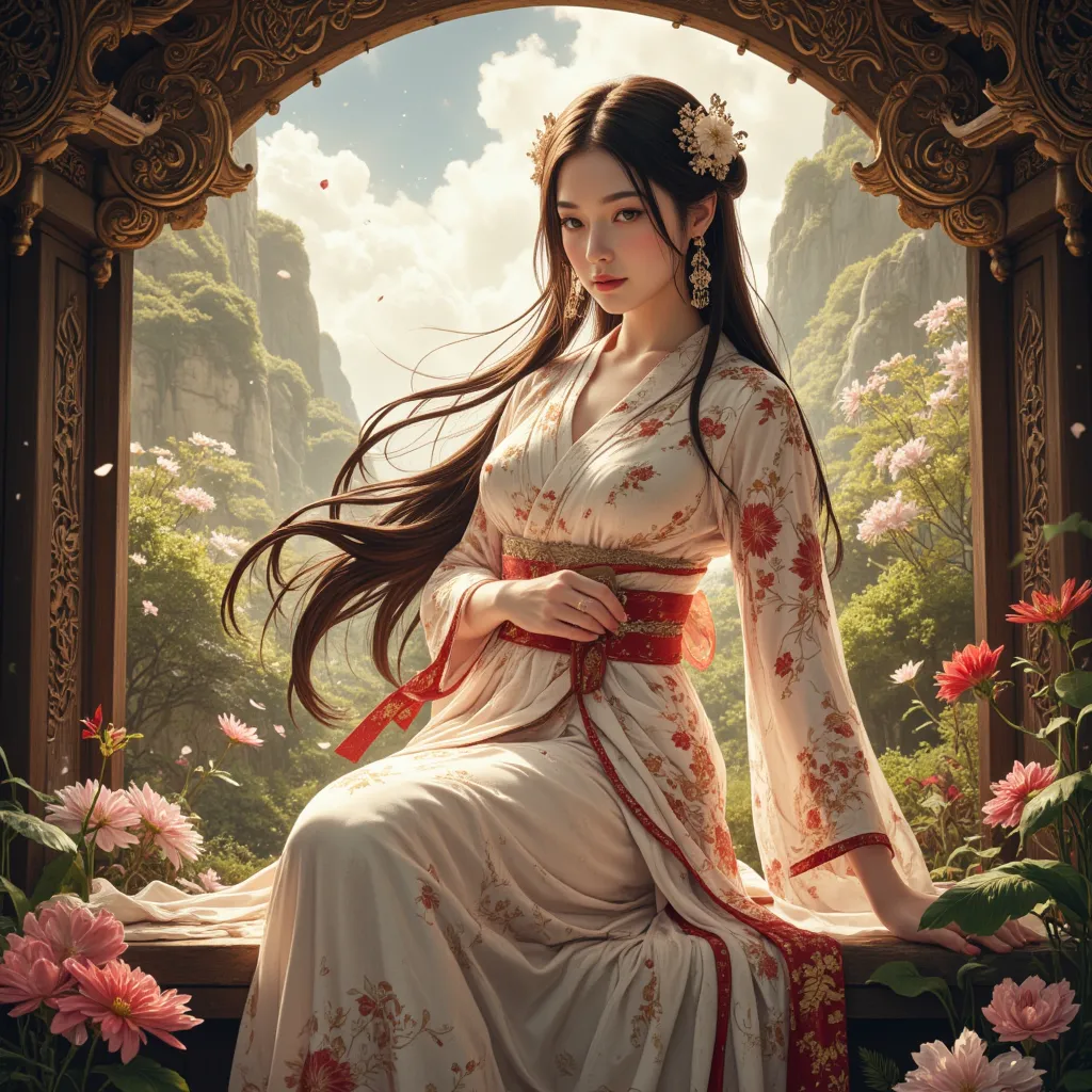 ultra HD restoration, Miyazaki manga style, detailed portrait, expressive facial features, serene expression, long flowing hair, delicate skin, elaborate kimono, intricate floral patterns, lush natural environment, ornate architecture, soft lighting, vibra...