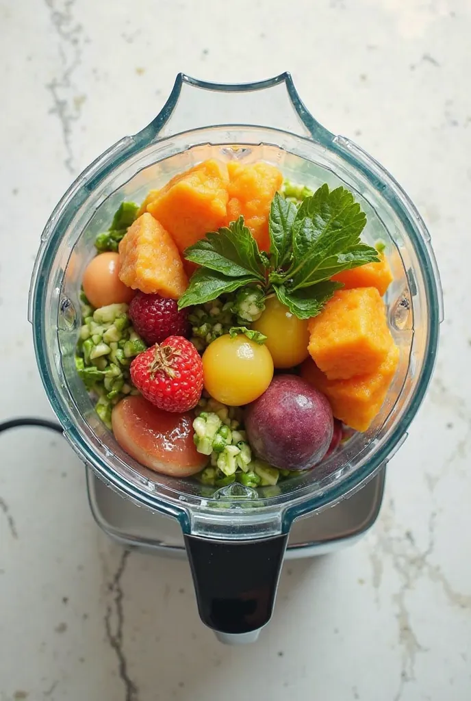 A top-down view of a blender with all ingredients inside, ready to be blended. The image has a clean, modern feel with a focus on the vibrant colors of the ingredients."