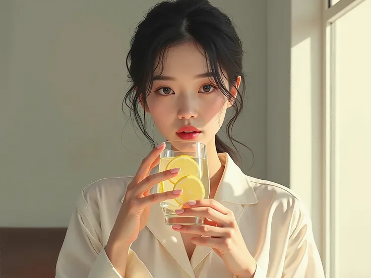 Korean woman drinking lemon water