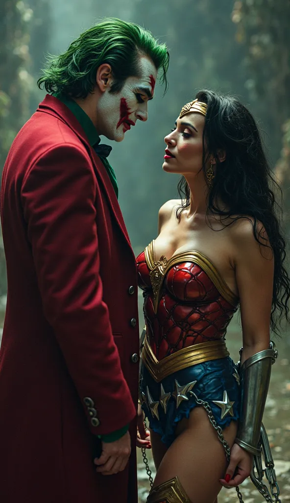 Two-shot photos of the Joker and Wonder Woman、
Japanese Wonder Woman , ((Highest quality,  masterpiece),     Wonder Woman with huge breasts and a butt  .  ((( she's crying while being held in a big steel chain、she's restrained and can't move)))   .  She's ...