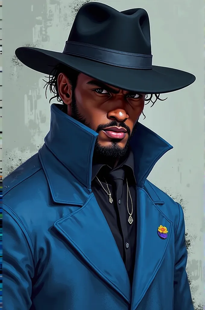 ANIMATED DARK-SKINNED PERSON WEARING A BLUE JACKET AND WEARING A BLACK HAT 
