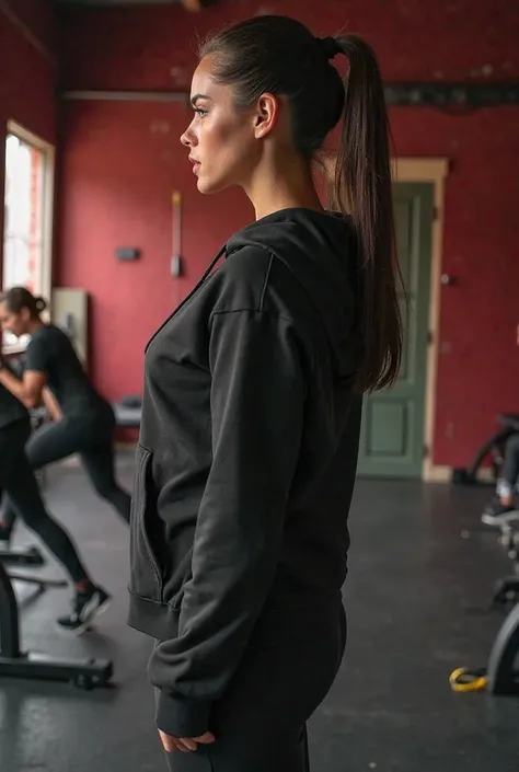 Full body Side view of Exotic mature  model woman who looks confident and empowered, wearing black fitted hoodie, and black tight Yoga pants. 

Tipcept dips

In a Dark red high end vintage  populated gym, people working out in the background class 