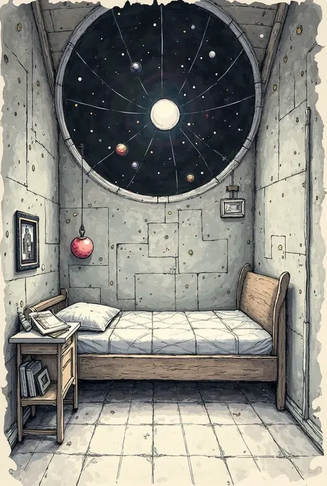 patterned bedroom with bed and desk, concept art inspired by Jean Tabaud, tumblr,  concept art ,  lucid dream sketch ,  science fiction room , classroom scribbles, concept art!!, concept drawing, 1-Point Perspective, concept art!, Space on the background, ...