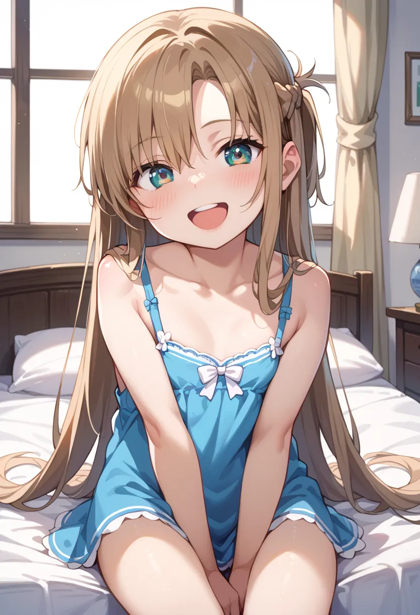 ((Highest quality)), ((masterpiece)), (be familiar with), perfect face, indoors, bedroom, watching viewers,
One woman, Asuna Yuki,
open mouth, ecstatic expression, blush, smile,
 small tits, flat chest, Young girl,  lori,  ,  girl,
 long hair, long hair,
 ...