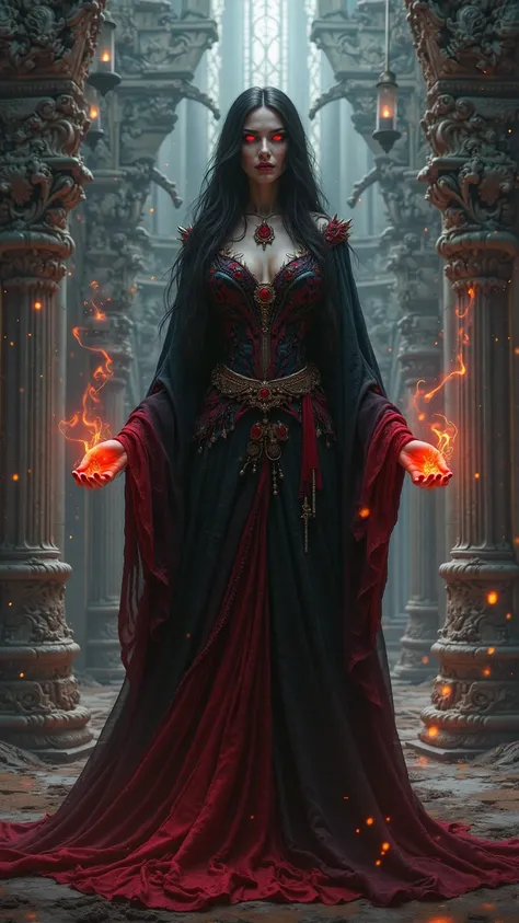 Dark Sorceress: A gothic sorceress with long black hair, deep red eyes, and a dark velvet cloak. She stands in an ancient castle with floating candles, summoning fire magic with her hands.