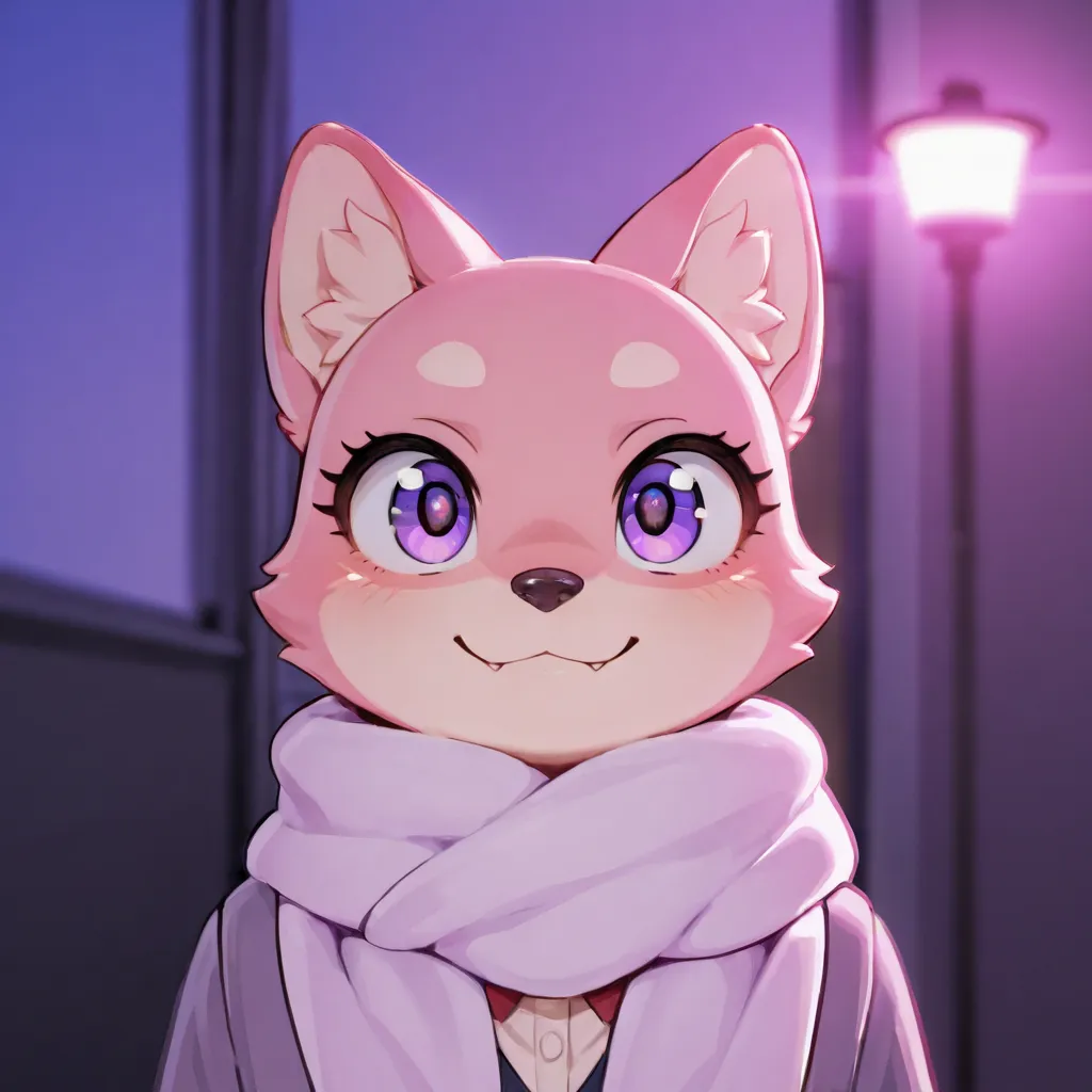 The surroundings of a cute furry，The colors on her body are pink and purple mother Fury，with big eyes smiling at the camera，are on campus