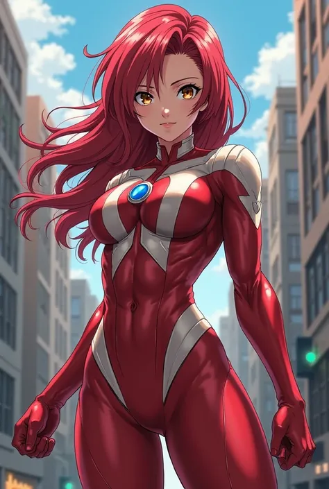 My Hero Academia Style , Anime girl, female, young female,muscular female,Full Body Shot,(fighting Pose:2),Long hair, Red Hair,  Brown Eyes,Hero Suit, Full Body Suit, red suit with white details,small round blue jewel in the center of the chest, perfect an...