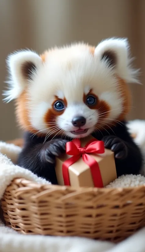 A cute, fluffy baby panda with big blue eyes is holding a small gift wrapped with a red ribbon. Its expression is slightly surprised and adorable. The background is soft and blurred, creating a cozy atmosphere. The panda is sitting in a small woven basket,...