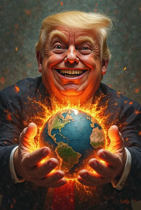 Cartooncore, Caricature, Donald Trump holds the whole world on fire burning in the palms of his two hands...