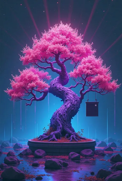 2D illustration of Neon bonsai tree, its trunk glowing with hues of neon purple and blue, and its branches radiating soft pink. Surrounding the bonsai are minimalistic. From it grows a sign on which nothing is written