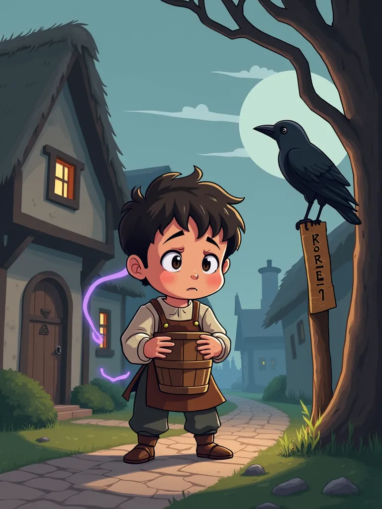 Chibi medieval European village scene, flat 2D anime style with soft cel-shading, muted earthy color palette (slate grey, moss green, burnt sienna), a nervous young peasant with oversized hands clutching a wooden bucket, wearing patched linen tunic and lea...