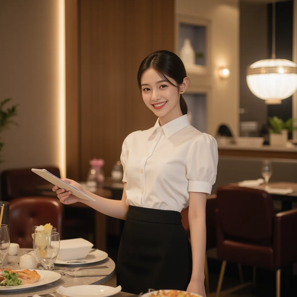 Japanese woman, early 20s, athletic figure, wearing a stylish white blouse with the top buttons undone and a fitted black skirt, holding a notepad and pen, taking an order with a warm and professional smile, standing in a modern upscale restaurant with amb...