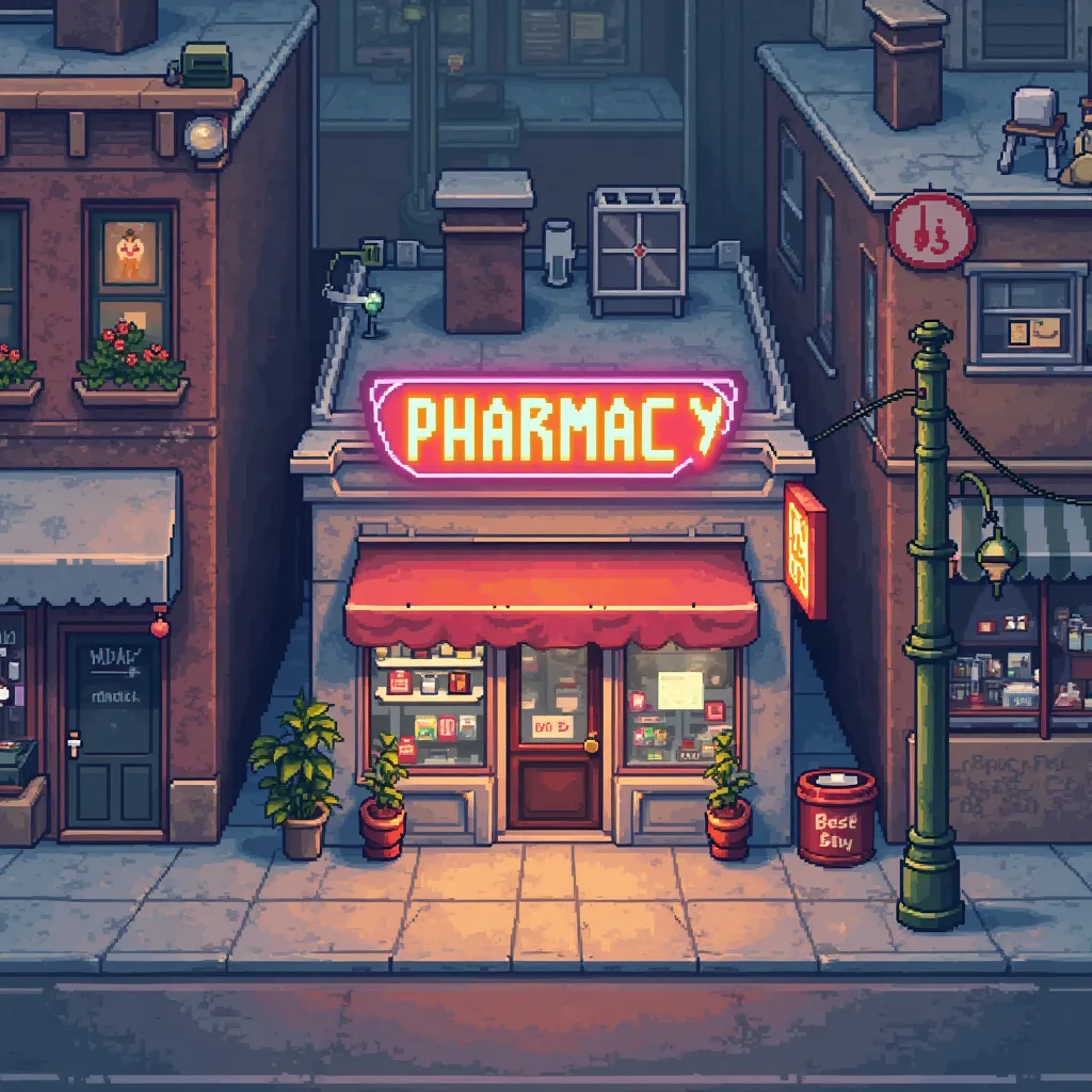 pharmacy top down view front side pixelart